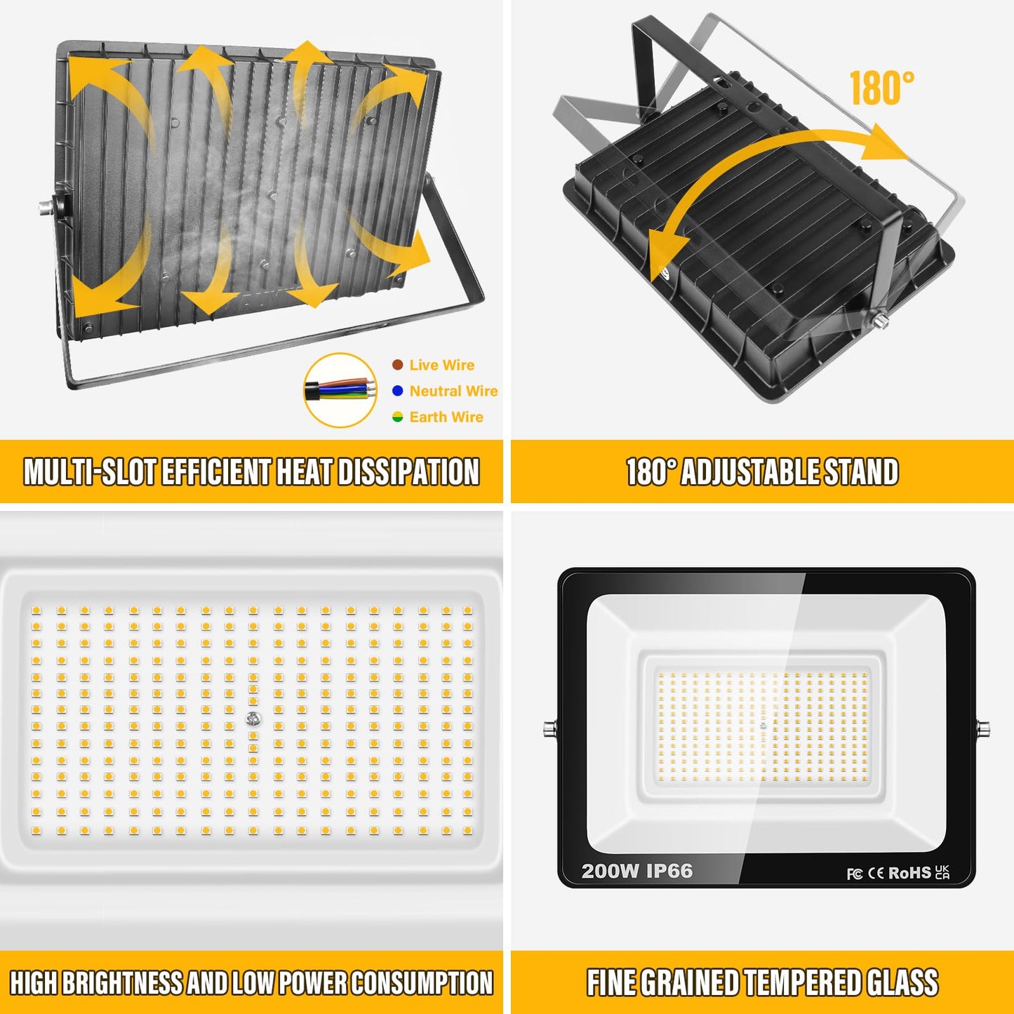 SKYWORLD 2 Pcs Outdoor LED Flood Lights, 200W 20000LM LED Security Lights, IP66 Waterproof, 4000K Daylight Warm White Floodlight Outside Flood lamp