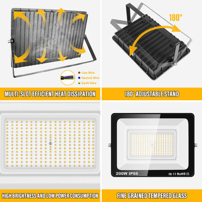 SKYWORLD 2 Pcs Outdoor LED Flood Lights, 200W 20000LM LED Security Lights, IP66 Waterproof, 4000K Daylight Warm White Floodlight Outside Flood lamp