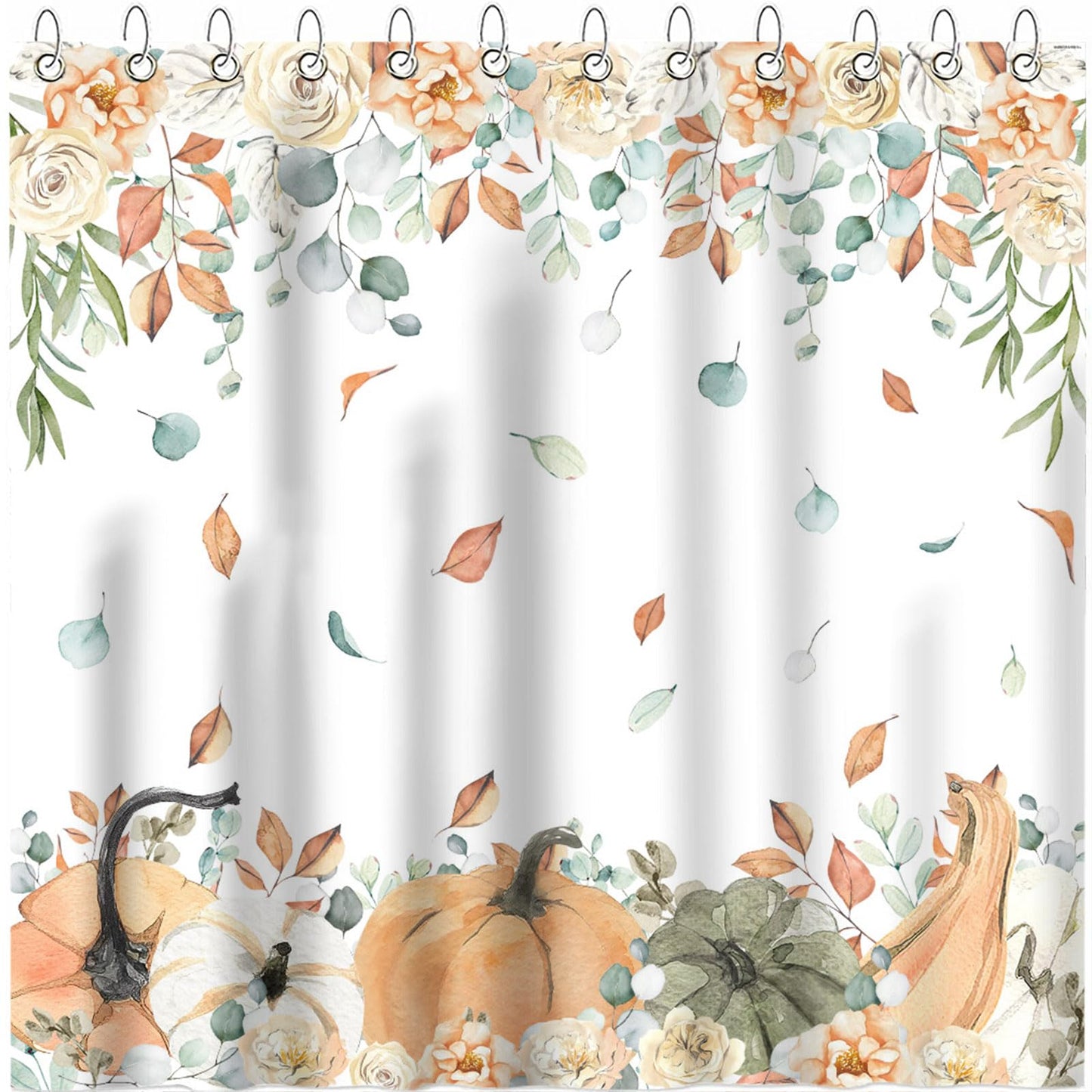 Avezano Autumn Pumpkin Curtain Fall Leaves Harvest Thanksgiving Pumpkin Bathroom Shower Curtain Waterproof Bathtub Curtain Decor with 12 Hooks 72 X