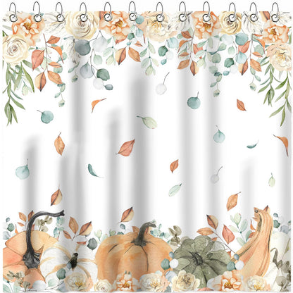 Avezano Autumn Pumpkin Curtain Fall Leaves Harvest Thanksgiving Pumpkin Bathroom Shower Curtain Waterproof Bathtub Curtain Decor with 12 Hooks 72 X