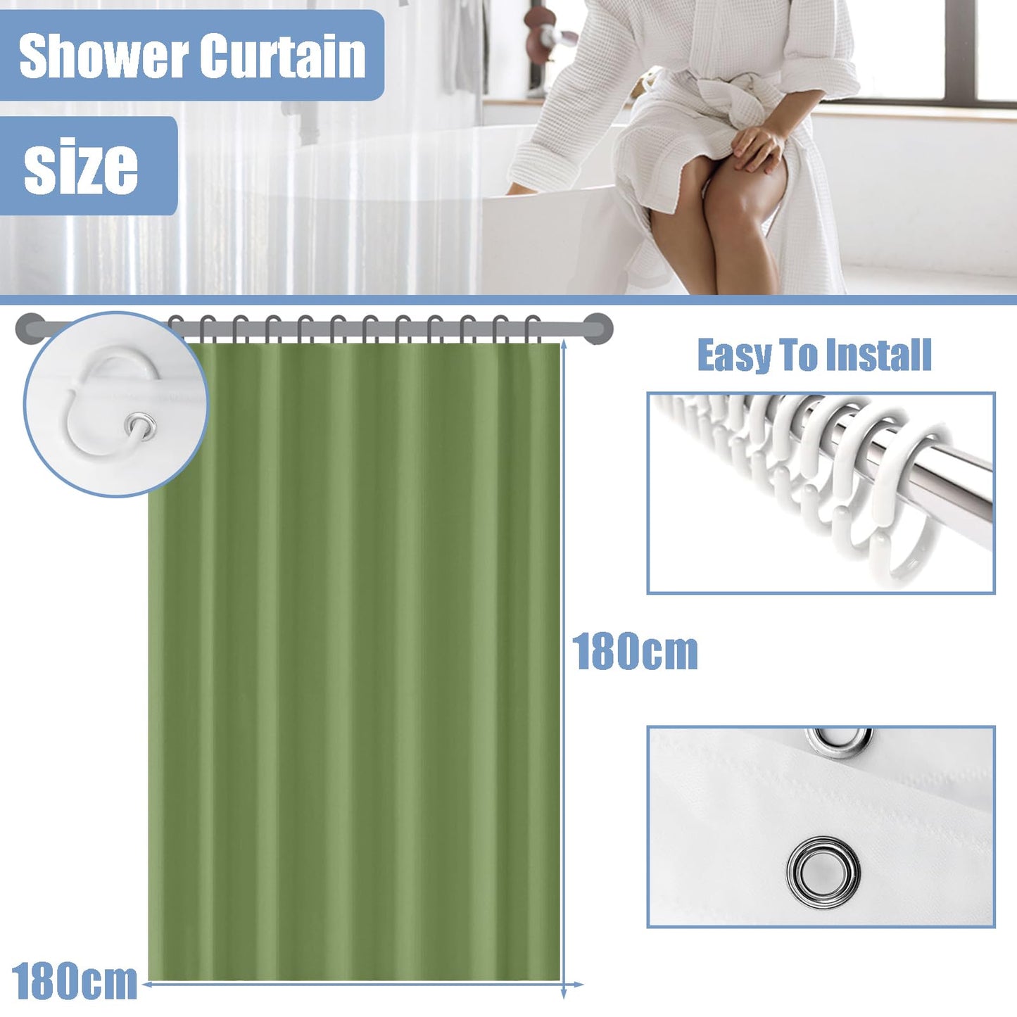 COSORO PEVA Shower Curtain 180x180cm,Heavy Duty Plastic Beige Spliced Weighted Shower Curtains Mould Proof Resistant Waterproof Bath Curtains with 12
