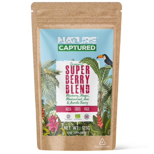 Organic Super Berry Blend - Freeze Dried Powder - Blueberry, Blackcurrant, Acerola Cherry, Maqui - Superfood Mix - Antioxidant Rich (125g Powder