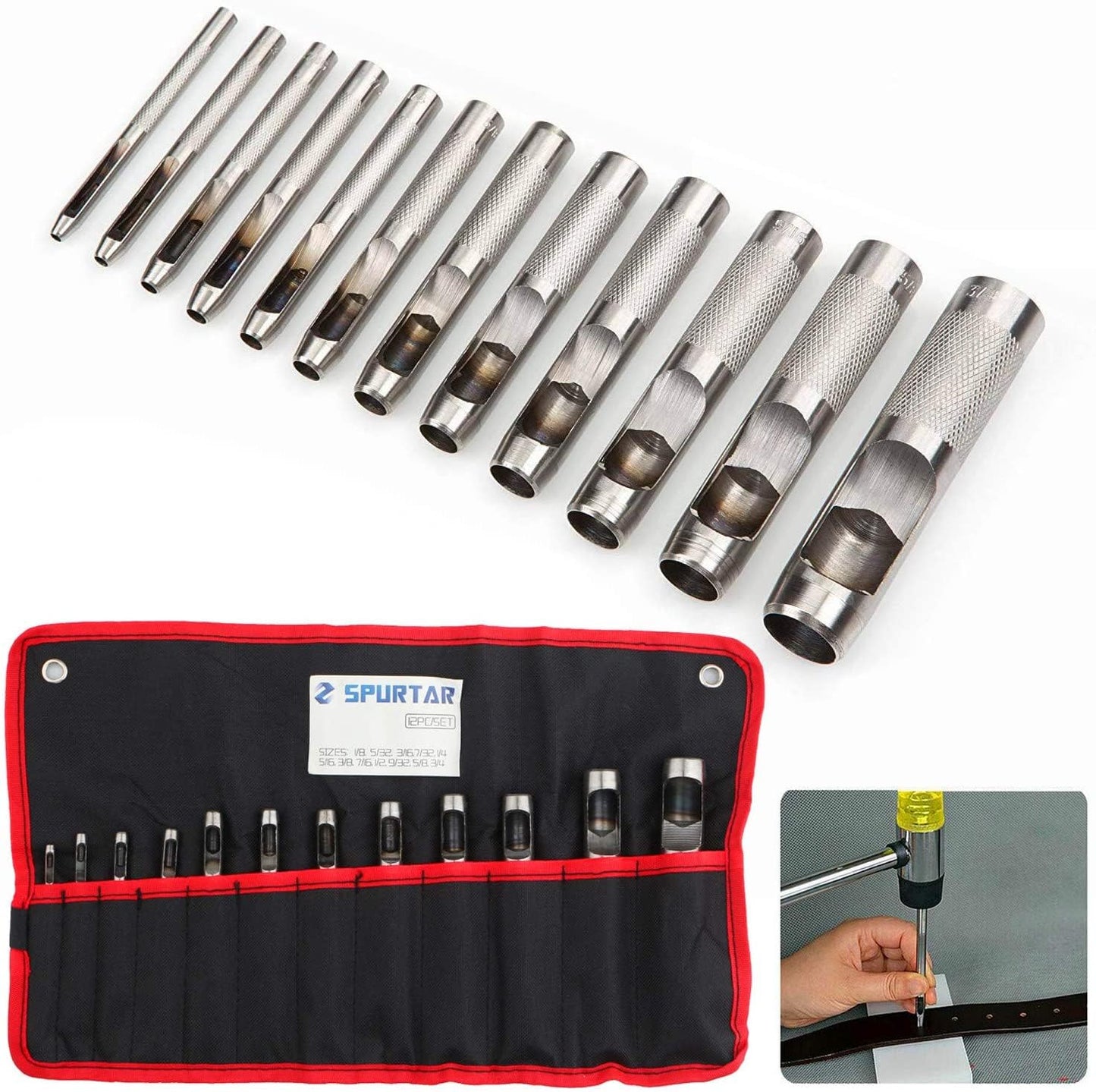 Spurtar 12 PCS Steel Hollow Leather Punch Set 1/8''-3/4''(3-19mm) Heavy Duty Round Leather Hole Tool for Watch Cloth Belt Gaskets w/Storage Bag