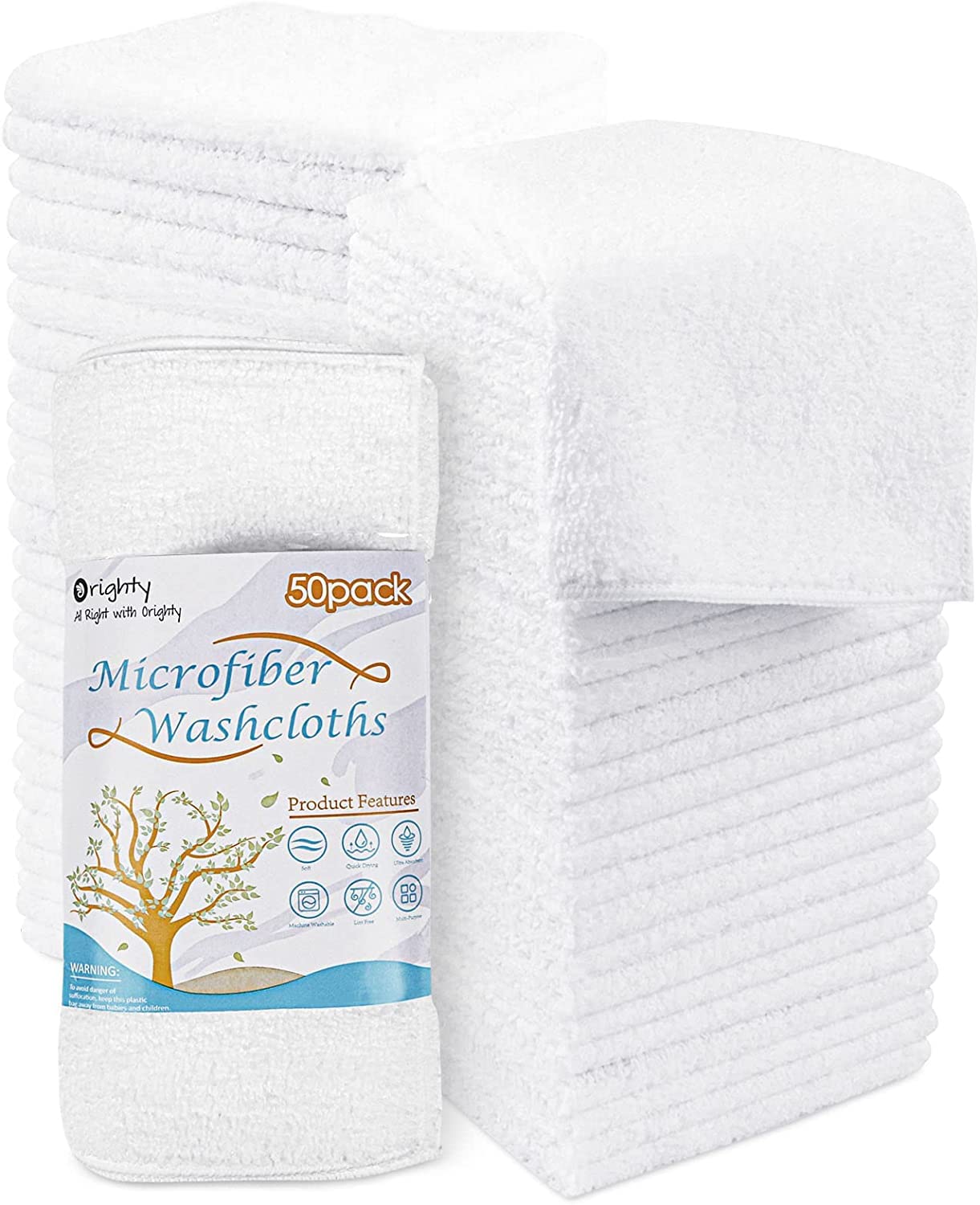 Orighty Microfibre Washcloths Towels Set 50 Pack, Highly Absorbent and Soft Feel Face Cloths, Multi-Purpose Wash Cloths for Bathroom, Hotel, Spa, and