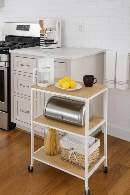 A ASPECT 3 Tiers Storage Trolley On Wheels With Wooden Shelves,Natural/White