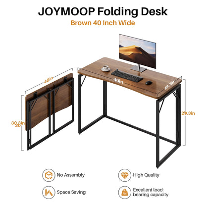 JOYMOOP 100 x 50 cm Folding Desk - Brown, No Assembly Middle Size Foldable Desk for Home, Office, Wooden Top Folding Computer Desk for Working