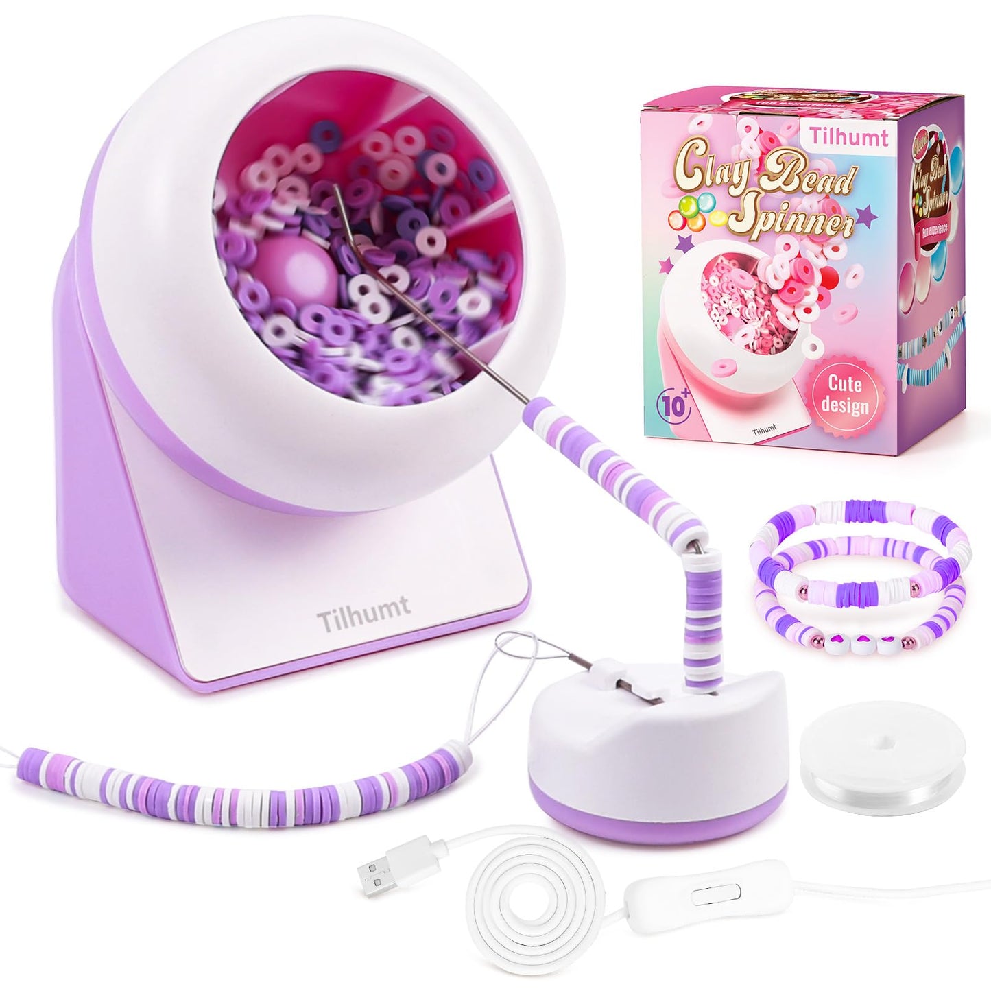 Tilhumt Clay Bead Spinner, Electric Bead Spinner for Jewelry Making, Friendship Bracelets Maker with Needle and Elastic String, Gift, Patent Design,