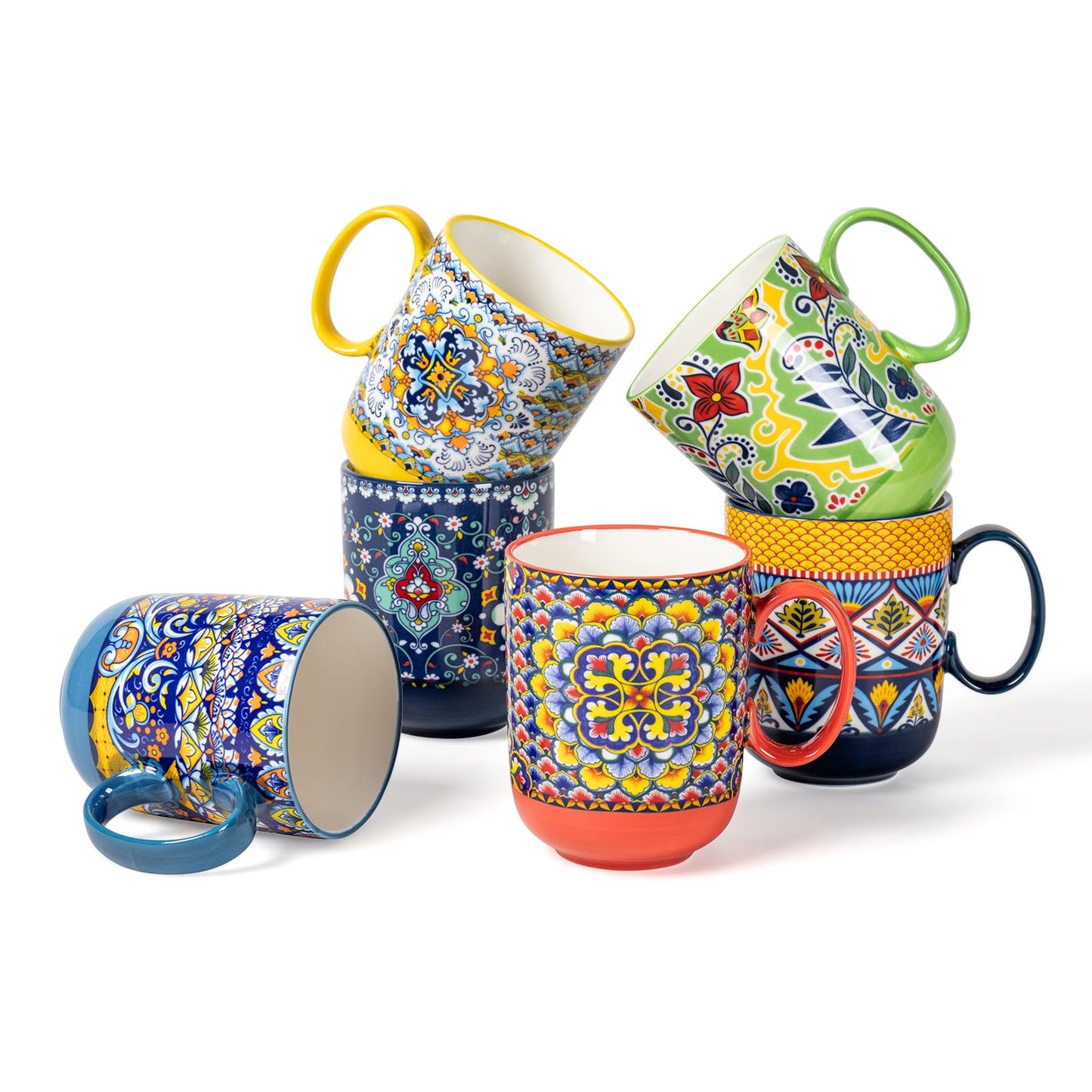 HENXFEN LEAD Porcelain Coffee Mugs, 410ml Coffee Mug Set with Handle, Porcelain Cups for Tea Coffee Milk Cappuccino, Colourful, 6 Pack - Bohemian