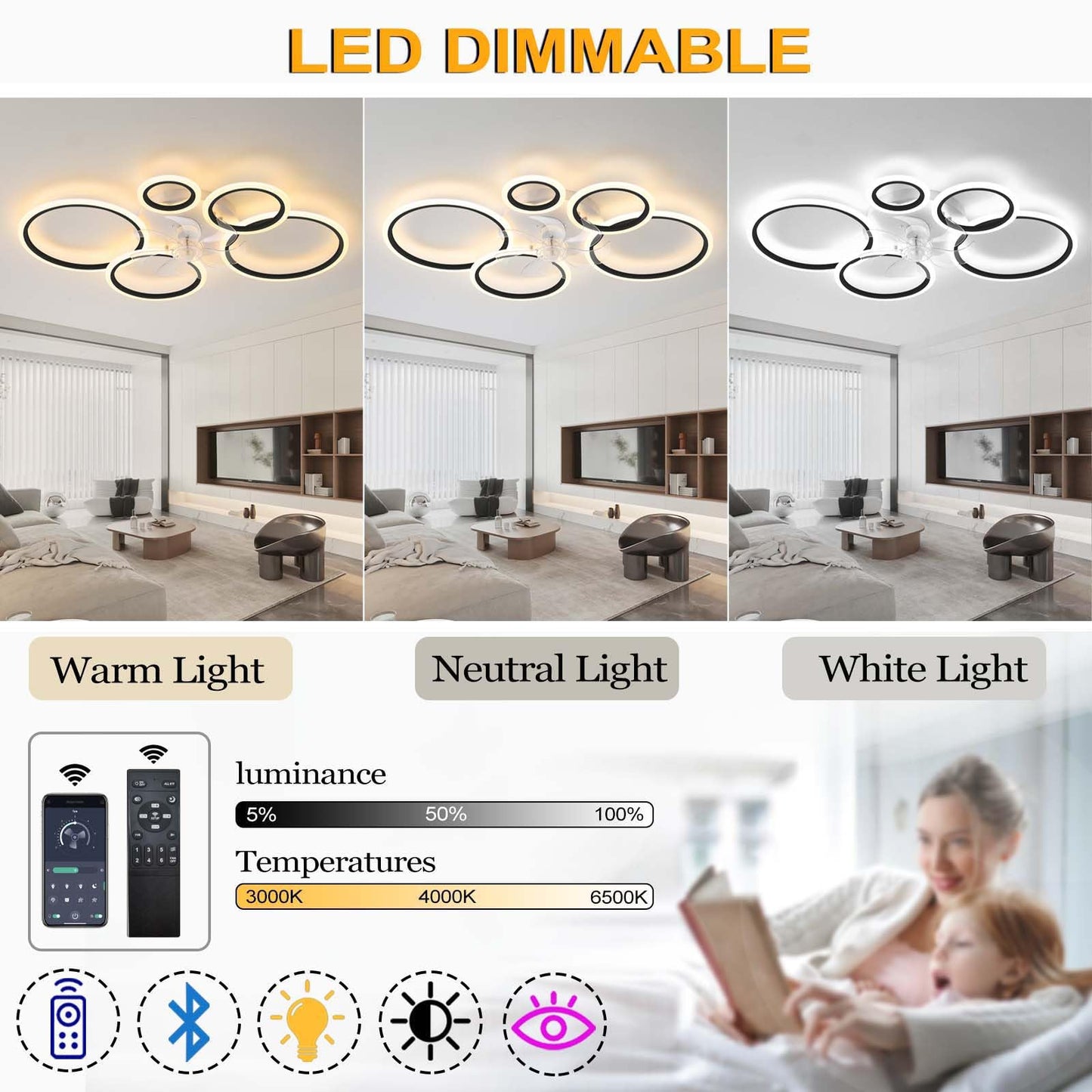 YUNZI Modern Ceiling Fan with Lamp with Remote Control LED 72W Dimmable Fan Ceiling Light Ceiling Fan Lighting for Living Room Bedroom Kitchen, 6