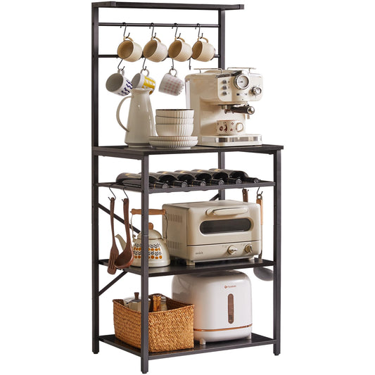 YMYNY Kitchen Baker's Rack, Microwave Oven Stand with Storage Shelves, Industrial Coffee Bar Station, with Adjustable Wine Holders and S-Hooks, Metal