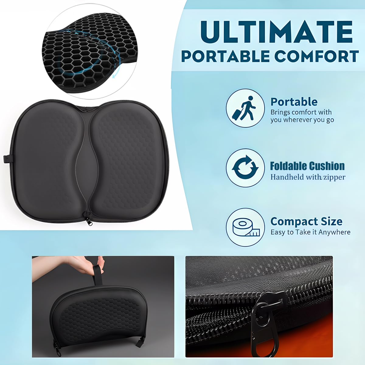 masteymoh Foldable Honeycomb Seat Cushion, Small Portable Gel Seat Cushion for Travel, Butt Pillow for Back Pain Relief, Sciatica (Black)
