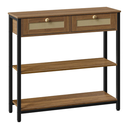 HOOBRO Rattan-Like Console Table, 3-Tier Hallway Table with 2 Flip-Down Drawers and Storage Shelves, 80 cm, Open and Hidden Storage Space