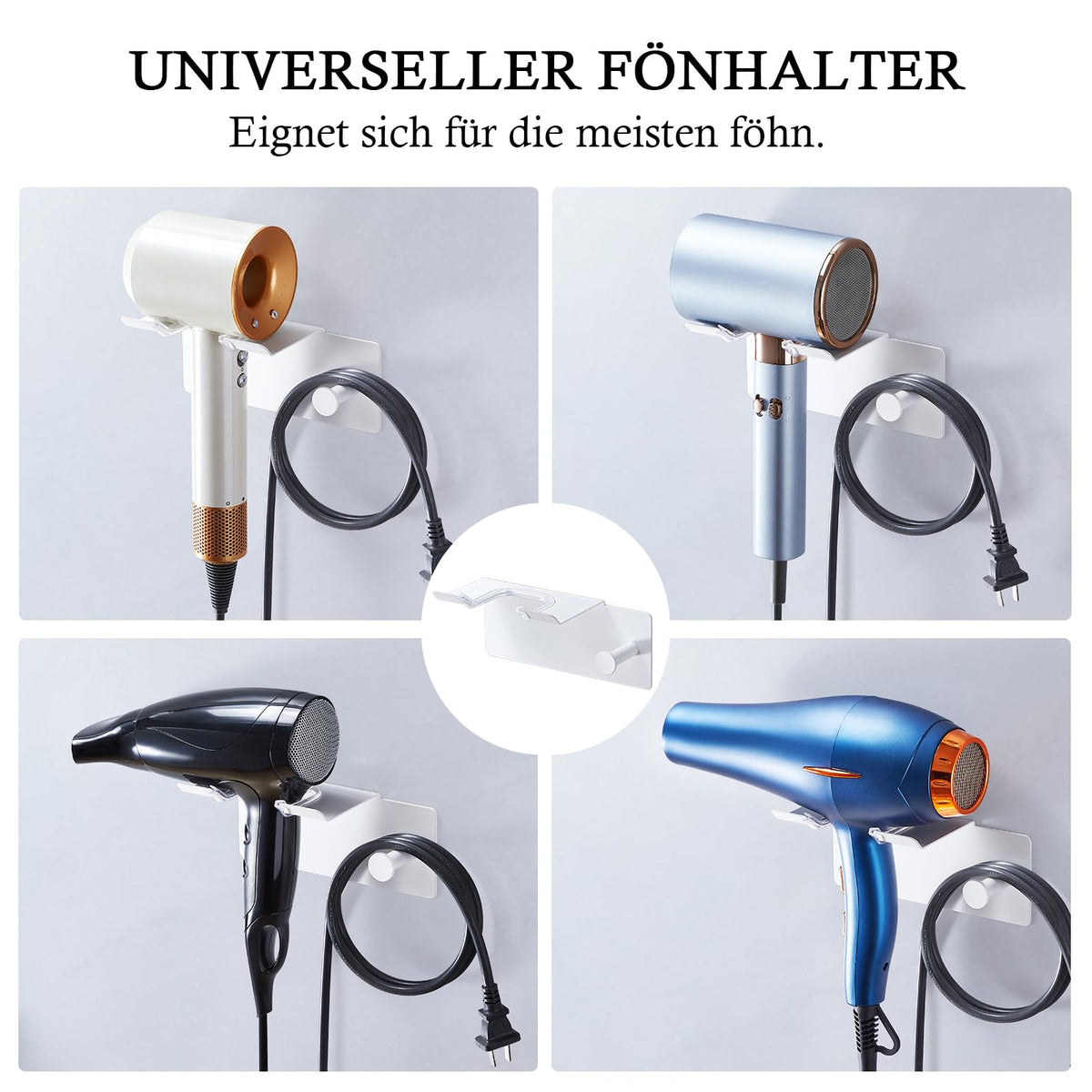 Hair Dryer Holder Wall Mount, Hairdryer Holder for Bathroom, Stainless Steel Blow Dryer Rack Adhesive Hairdryer Organizer Station with Cable Storage