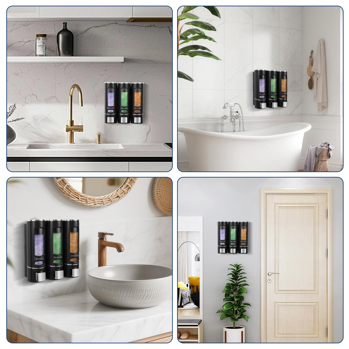 Shampoo and Conditioner Dispenser,Shower Dispensers 3 Chamber No Drill Shower Soap Dispenser Shampoo Conditioner Body Wash Dispenser Wall Mount for