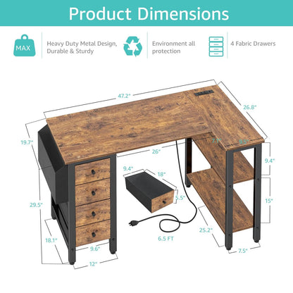 Lufeiya L Shaped Desk with Drawers & Storage Shelves, 120CM Small Reversible Corner Desk with UK Power Outlet for Home Office Bedroom