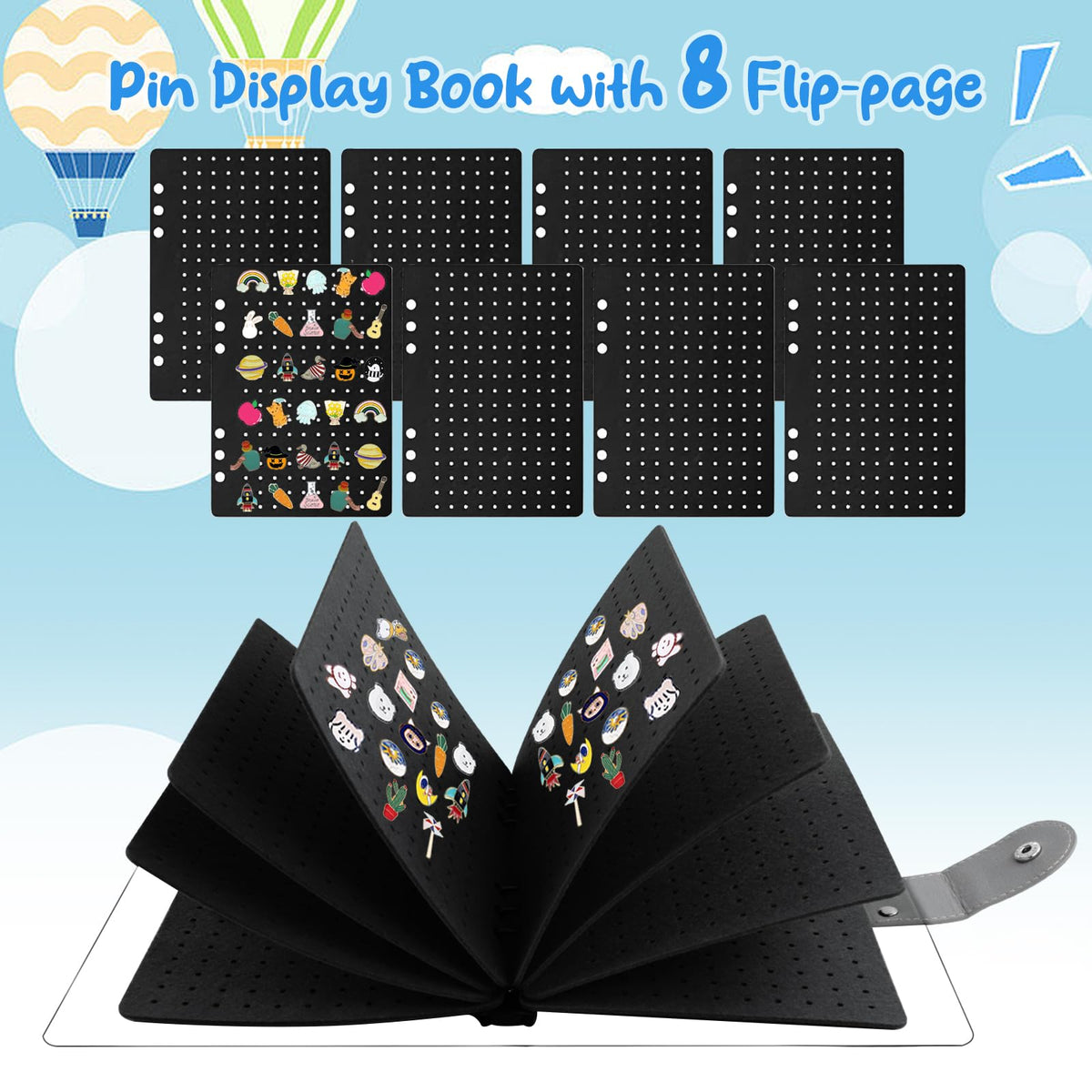8 Pages Pin Badge Display Book, Enamel Pin Display Pages Holds Up to 350 Pins, Waterproof Brooch Collection Storage Page-Flip Pin Display Holder