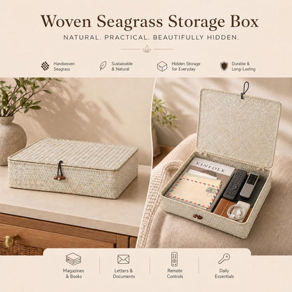YANGQIHOME - Set of 2 Seagrass Baskets with Lids, Rectangular Woven Storage Baskets, Natural Wicker Boxes for Coffee Table, Shelf