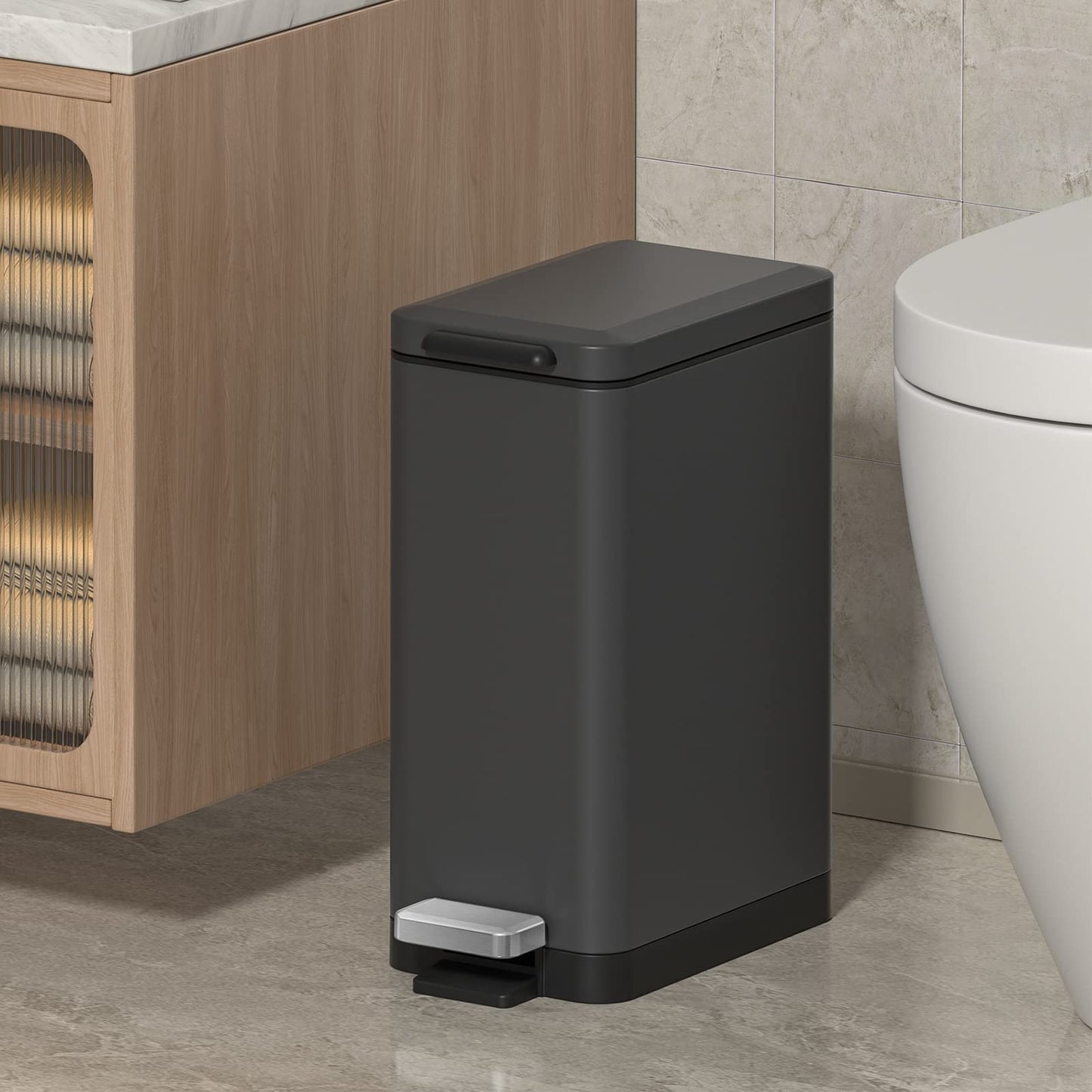Mbillion Bathroom Step Trash Bin 10 Liter Slim Design Step-On Trash Can with Strong Pedal and Soft Close Lid Stainless Steel, Living Room, Office,Dark