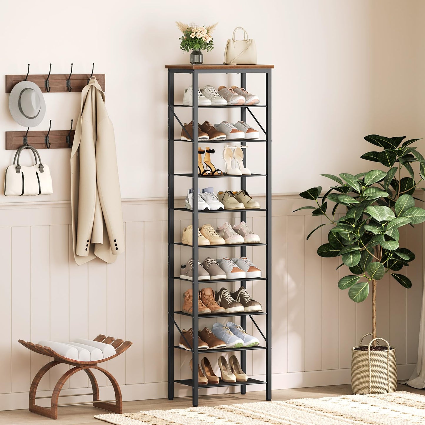 MAHANCRIS 10-Tier Narrow Shoe Rack, Vertical Shoe Storage Organizer, for 12-24 Pairs, Shoe Shelf with Metal Frame, for Hallway, Entryway, Living Room