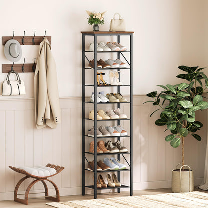 MAHANCRIS 10-Tier Narrow Shoe Rack, Vertical Shoe Storage Organizer, for 12-24 Pairs, Shoe Shelf with Metal Frame, for Hallway, Entryway, Living Room