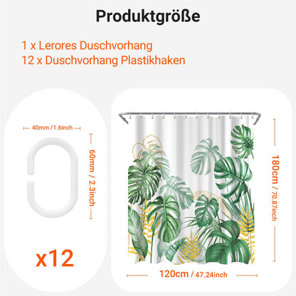 Shower Curtain, 120 x 180 cm, Golden Edged Bamboo Leaves Motif, Weighted Hem, Anti-Mould, Water-Repellent