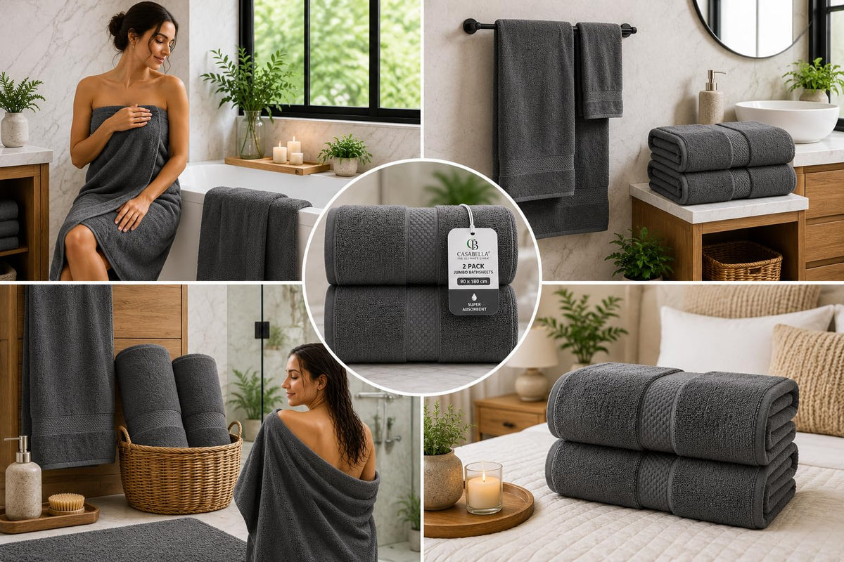 Casabella CB 2 Piece Jumbo Bath sheets 100% Combed Cotton Extra Large Bath Towel bale set super Absorbent Soft Grey 2 Pack 90X180 CM Bath sheets