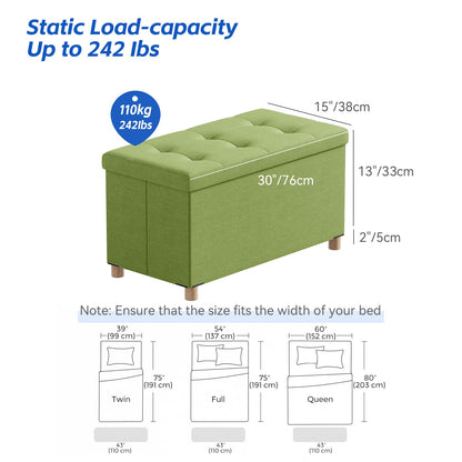 BRIAN & DANY Ottoman Storage Box with 4 Wood Legs, Linen Storage Ottoman for Living Room, Green, 76 x 38 x 38 cm