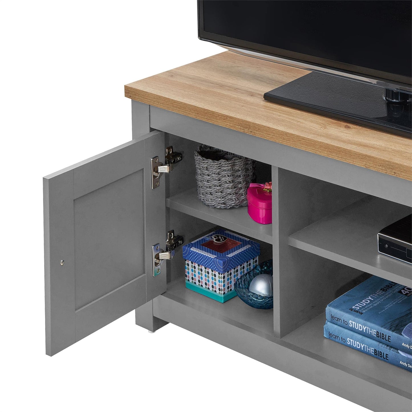 Timber Art Design UK TV Unit Cabinet Storage Stand With 2 Open Shelves Media Devices Modern Furniture Living Room, Light Grey - 50 x 99 x 40 cm