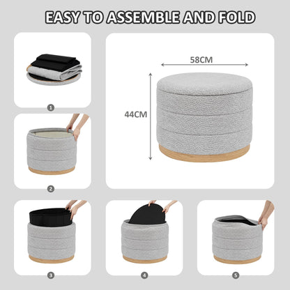 PINPLUS Round Chenille Storage Ottoman, Tray Top, 58x58x44 cm, Silver Grey