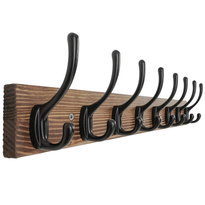 HONSKY Wall Coat Rack with 8 Double Hooks,Wooden Coat and Towel Hanger Storage for Entryway, Bathroom, Bedroom, Garage,Brown Base/Black Hook