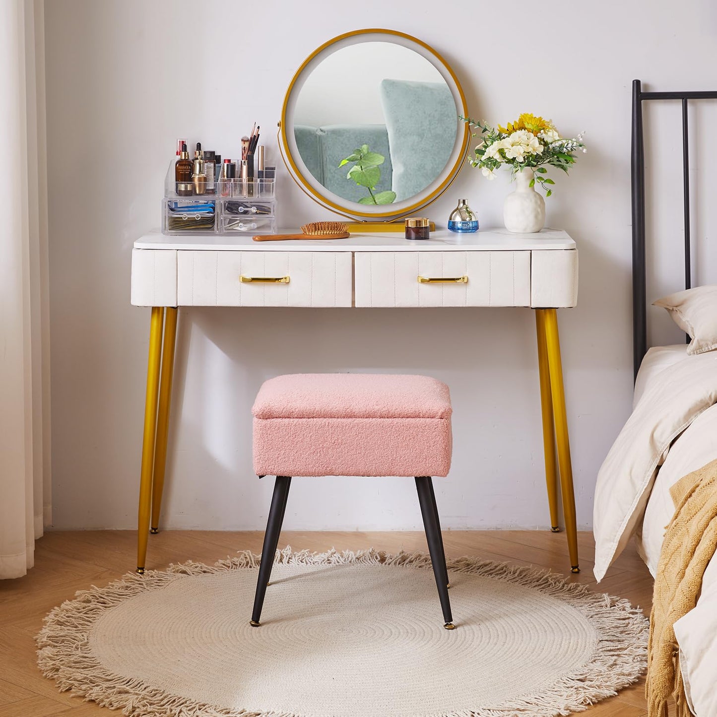 Aibiju Dressing Table Chair with Storage, Faux Teddy Fur Rectangular Bedroom Ottoman Stool with Metal Legs, Makeup Vanity Stool Side Table for Makeup