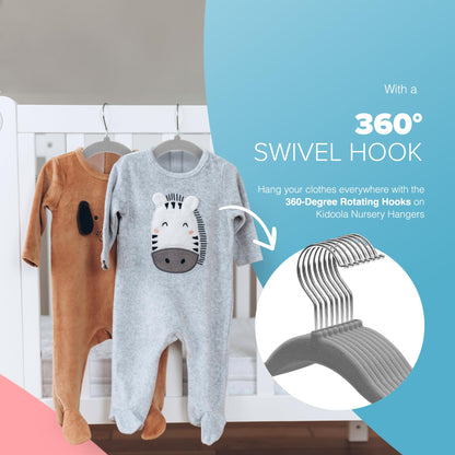 Kidoola 20 Velvet Baby Hangers, Nursery Coat Clothing Hangers for Babies, Infant, Toddlers and Kids, Unisex for Boys or Girls up to 24 Months (Grey)
