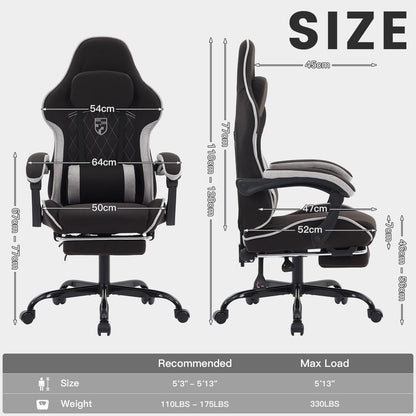 NIONIK Gaming Chair with Footrest and Massage Lumbar Cushion, Ergonomic Computer Chair with 135° Recline, Breathable Fabric, Headrest and 360° Swivel