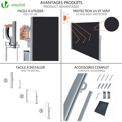 VOUNOT Side Awning Retractable, Outdoor Privacy Screen for Garden, Balcony, Terrace, 180 x 300 cm, Anthracite