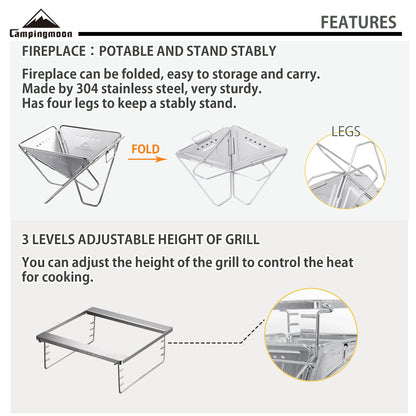 CAMPINGMOON 3-in-1 Portable Stainless Steel Wood Burning Grill and Fire Pit 14x15.35-inch with Carrying Bag MT-035