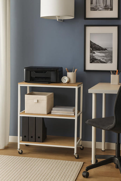 A ASPECT 3 Tiers Storage Trolley On Wheels With Wooden Shelves,Natural/White
