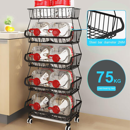 PQHIQ 4 Tier Fruit Vegetable Storage Basket Rack With Wheels, Black