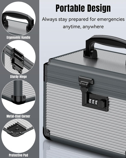 Uniclife Medicine Storage Box, 24 x 15.2 x 16.5 cm, Portable Medication Box with Combination Lock & Handle, Metal Lockable Medicine Box