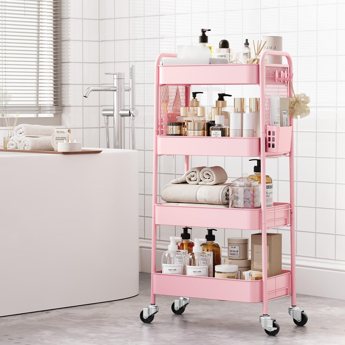 Urackify 4 Tier Storage Trolley on Wheels, Pink
