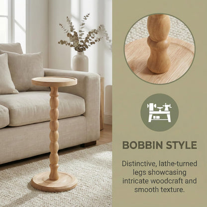 Perclyzm Solid Oak Wood Round Side Table, Rustic Brown Tall Pedestal Drinks Table, Light Walnut Finish, Tray Top for Living Room, Sofa, Bedroom