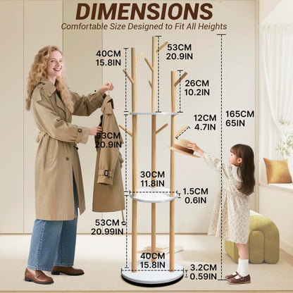 SUNDOY 165CM Rotating Wooden Coat Rack Freestanding with 3 Shelves & 9 Hooks, Hall Tree Stand for Entryway, Bedroom, Hallway & Living Room