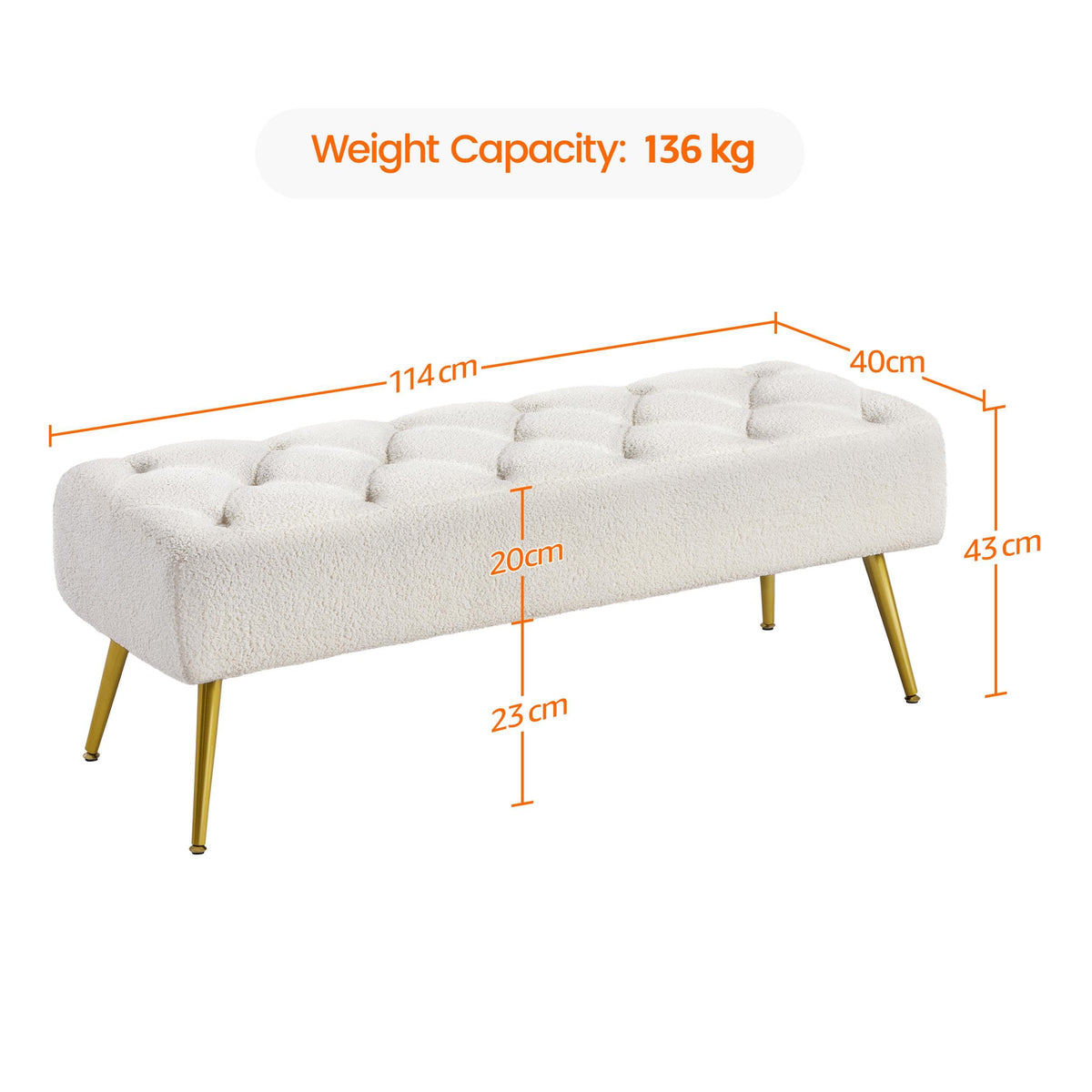 Yaheetech Modern Boucle Ottoman Footstool Bench with Gold Metal Legs, Ivory