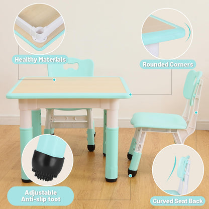 FUNLIO Kids Table and 2 Chairs Set, Height Adjustable Toddler Table and Chair Set for Ages 3-8, Easy to Wipe Arts & Crafts Table, for