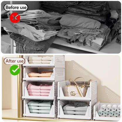 4 Pack Folding Closet Organizers Storage Box, Stackable Storage Bins, Plastic Drawer Basket Closet Storage for Wardrobe Cupboard Kitchen Bathroom