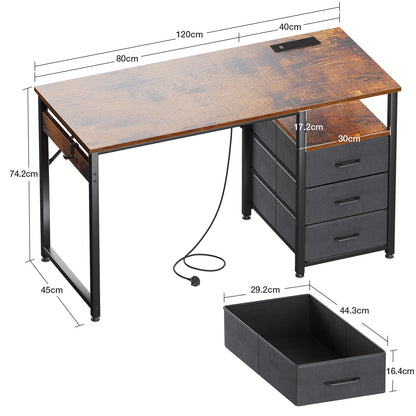 ODK Computer Desk with Drawers, 120cm Office Desk with Sockets, Brown
