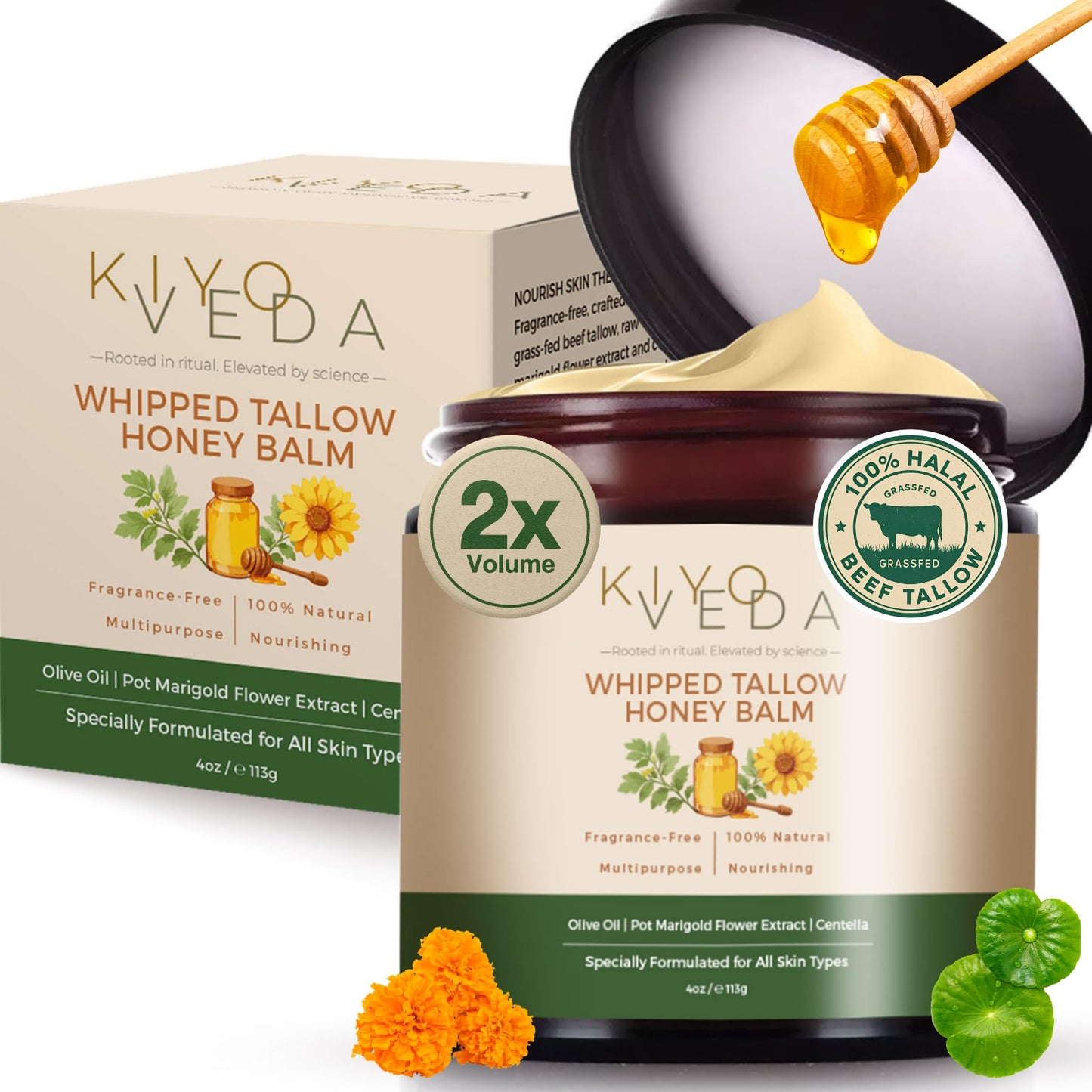 KiyoVeda Beef Tallow Honey Balm ? Calendula & Centella Face & Body Moisturizer ? 100% Grass-Fed Tallow, Raw Wild Honey, Organic Olive Oil ? Unscented