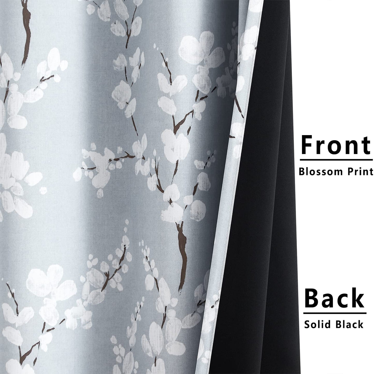 Fmfunctex Grey Floral Blackout Curtains for Bedroom 72 inch Drop Eyelet Curtains for Living Room Nursary Blossom Thermal Insulated Window Curtain