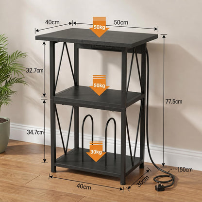 2026 Upgraded Extended Tabletop Record Player Stand with Charging Station, 3 Tier 50x40cm End Table with Vinyl Record Storage