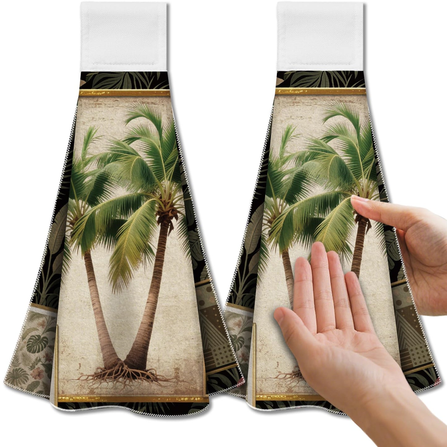 CUTHOLLOW 2Pcs Tropical Palm Trees Tea Towels for Kitchen with Loop, 31.5x43.5cm Soft Super Absorbent Microfiber Decorative Hanging Dish Towel, Tea,