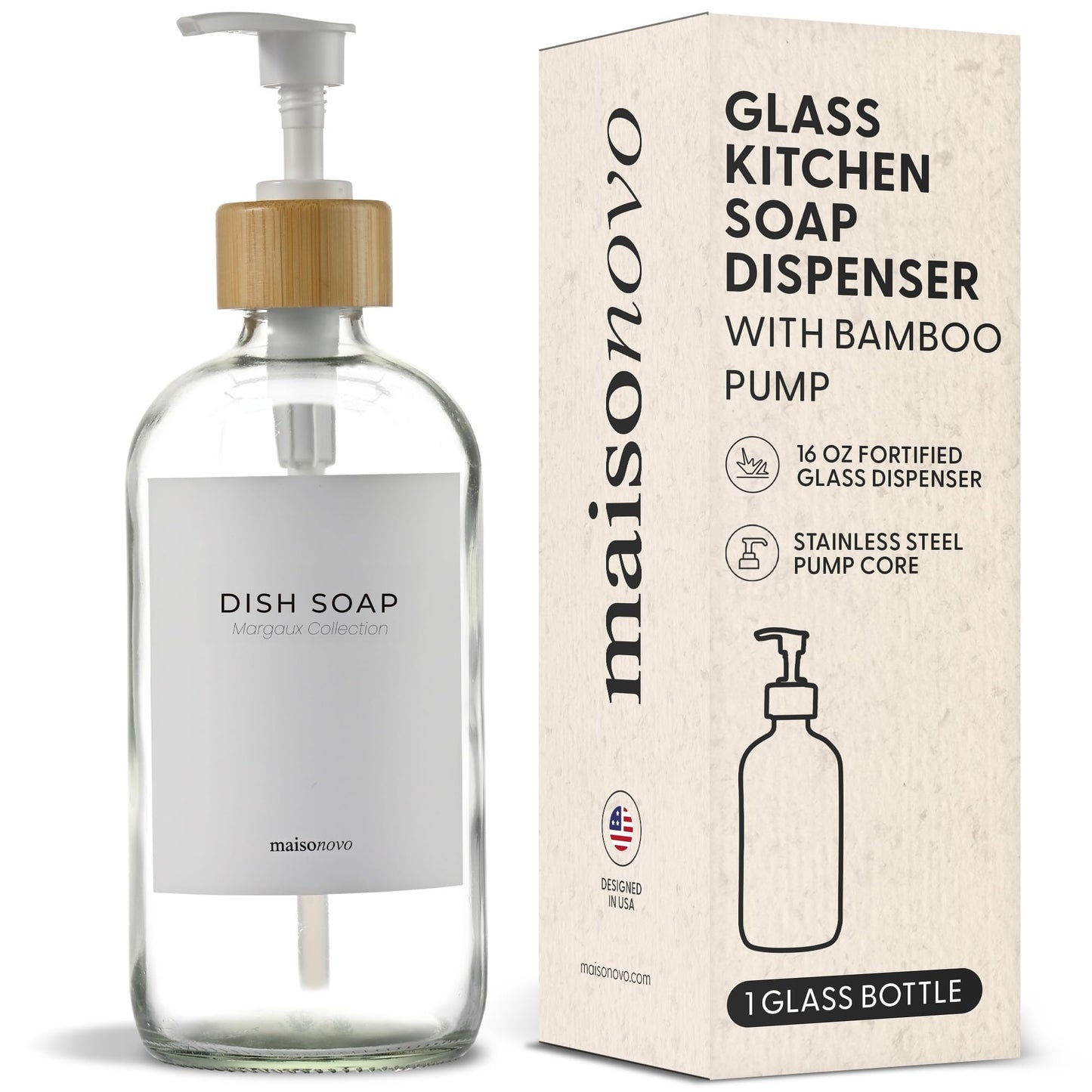 MaisoNovo Soap Dispenser 1 Piece Set | 500ml Bathroom Soap Dispenser with Clear Bottles and White Bamboo Pumps